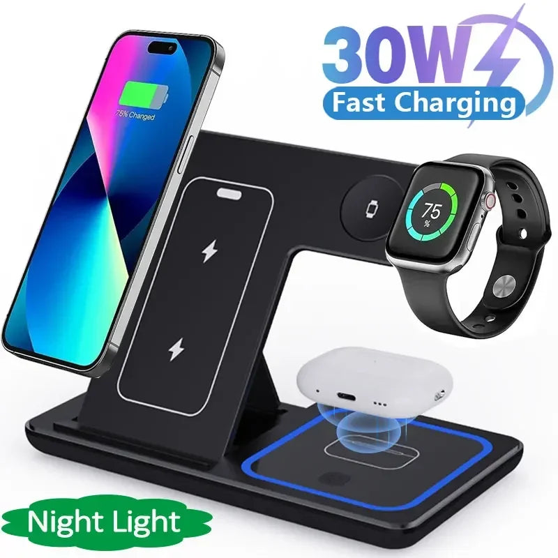 30W LED Fast Wireless Charger Stand 3 in 1 Foldable Charging Station For iPhone 15 14 13 12 Apple Watch 9 8 7 6 5 Airpods Pro