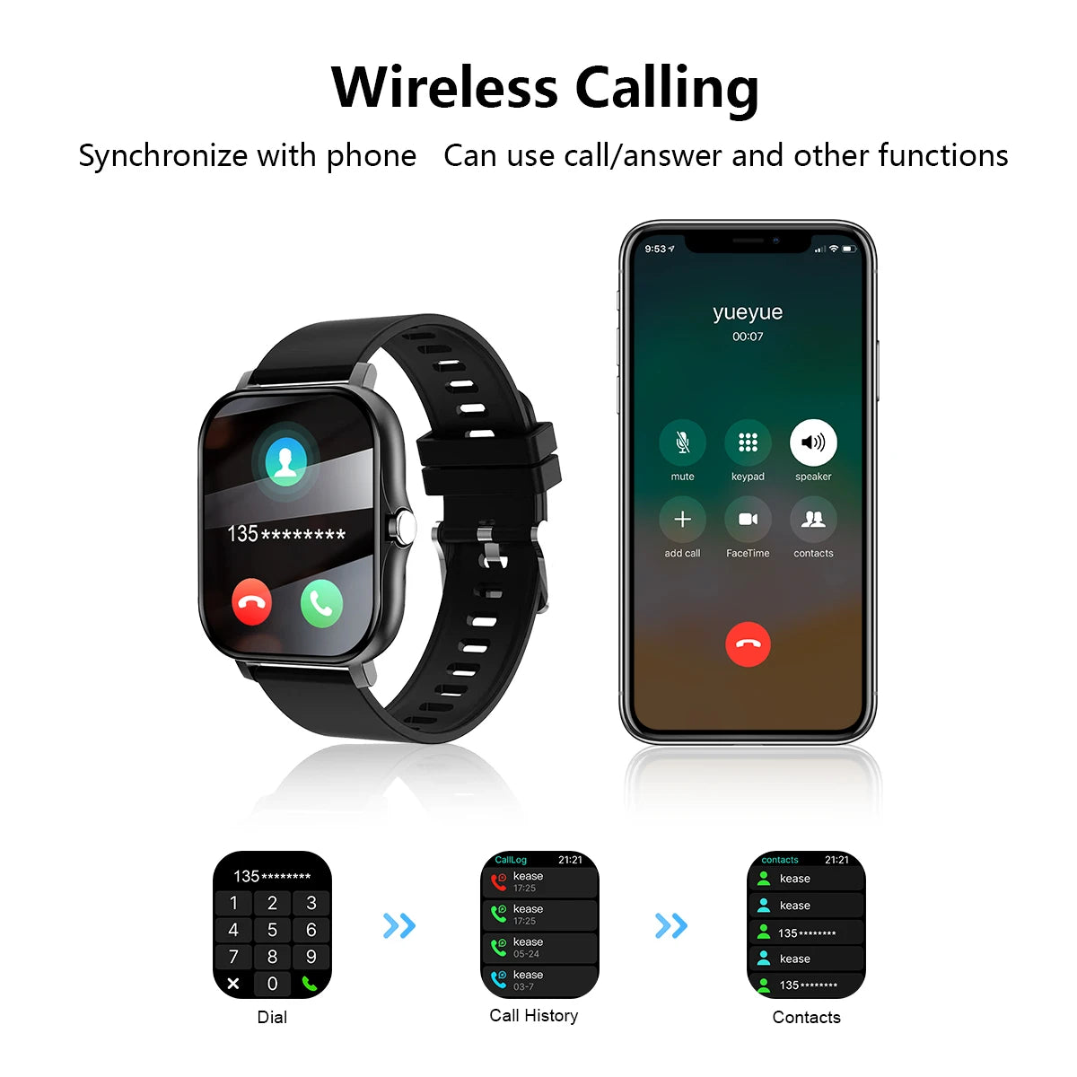 Smart watch wireless calling/dial Sport mode calling reminder and rejection fitness monitoring for iPhone/Andriod