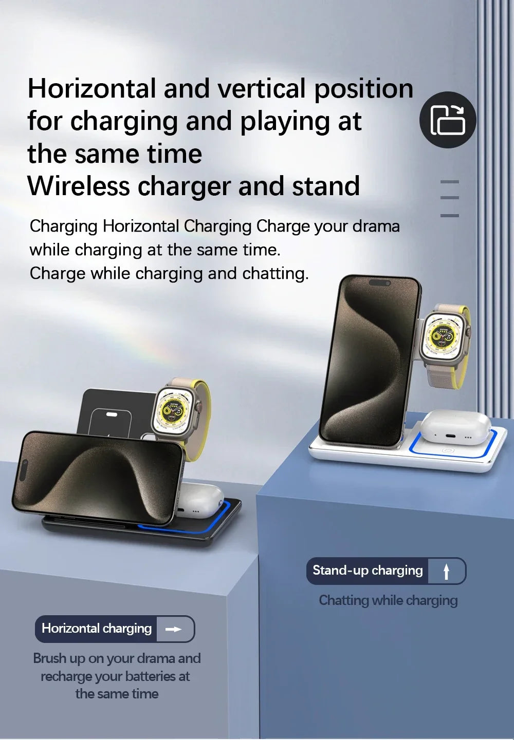 30W LED Fast Wireless Charger Stand 3 in 1 Foldable Charging Station For iPhone 15 14 13 12 Apple Watch 9 8 7 6 5 Airpods Pro