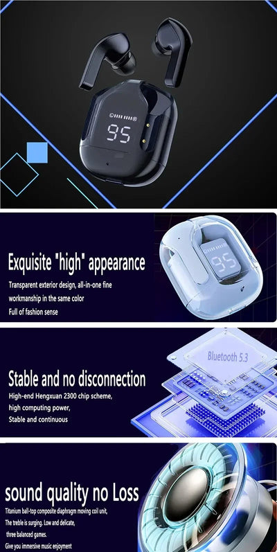 Original T2 Wireless Bluetooth Earphone Transparent HIFI Headphones LED Power Digital Display Stereo Sound Earphones for Xiaomi