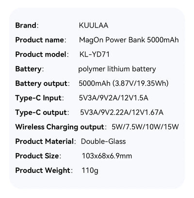 KUULAA Magsafe Power Bank 5000mAh Magnetic Wireless Phone Charger External Battery 20W Fast Charging For iPhone 16 15 PowerBank