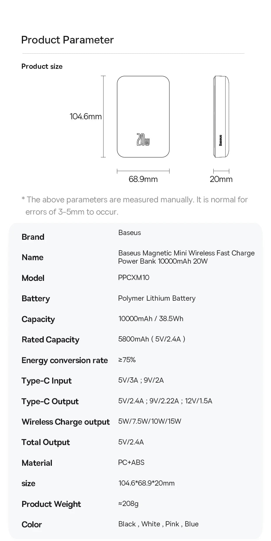 Baseus Magnetic Power Bank 20W 10000mAh Wireless Battery Magsafe Powerbank Portable Charger For iphone 14 13 12