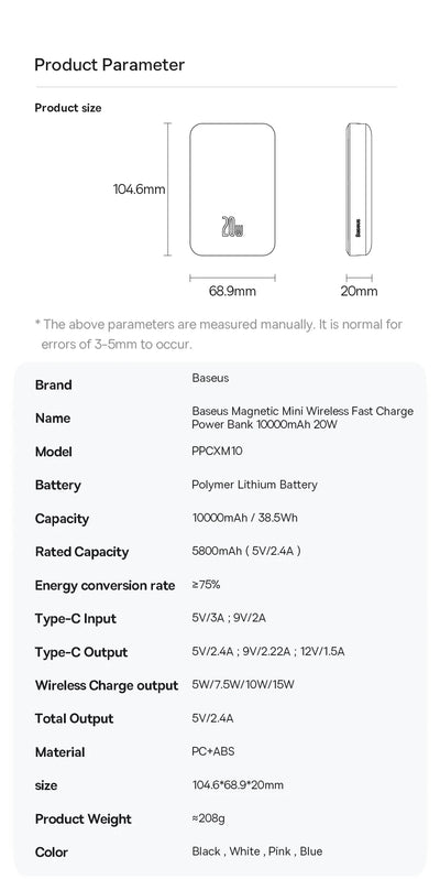 Baseus Magnetic Power Bank 20W 10000mAh Wireless Battery Magsafe Powerbank Portable Charger For iphone 14 13 12